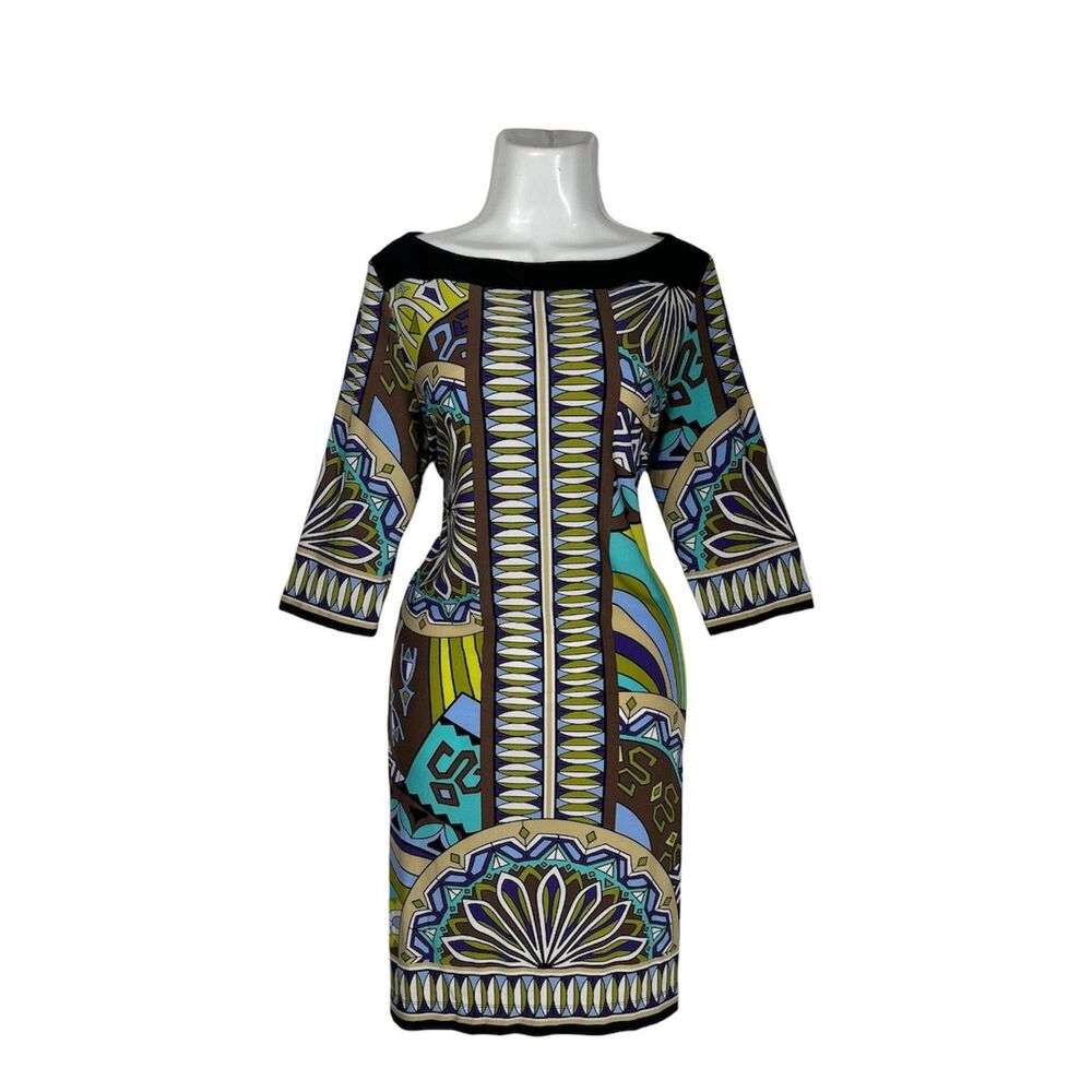 Soho Dress Women Size 12 Multi Color Abstract Long Sleeve Sheath Knee Office